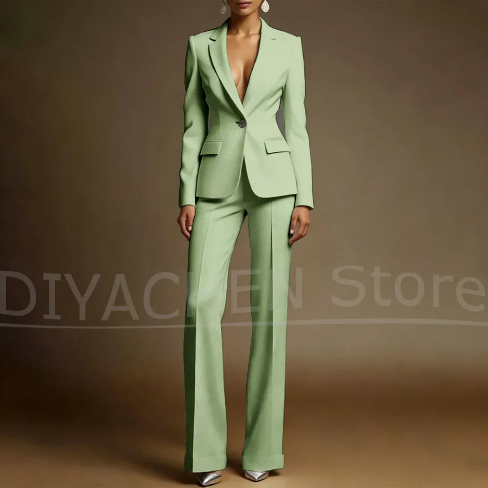 Women's White Suit Set Slim Fit Two Piece Jacket and Wide Leg Pants Office Casual Formal Occasions Elegant Female Outfit