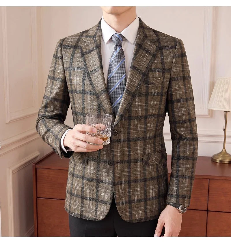 High Quality Autumn Retro Casual Suit Jacket for Men Faux Leather Business Social Wedding Blazers Office Groom's Formal Coats