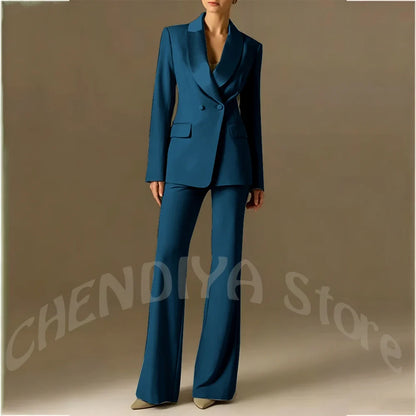 Classic Shawl Lapel Suit For Women Elegant Double Breasted Outfit Solid Color Two Piece Straight Modern Style Office Wear