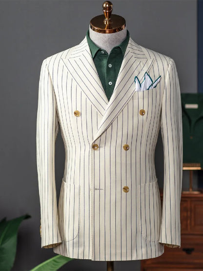 New Men's Suit One Piece Blazer Double Breasted Peaked Lapel Pinstripes Formal Tuxedo Work Wedding Groom Tailored Costume Homme