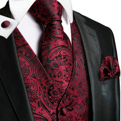 Men's Suit Vest Set Red Paisley Waistcoat with Tie Pocket Square Cufflinks for Weddings