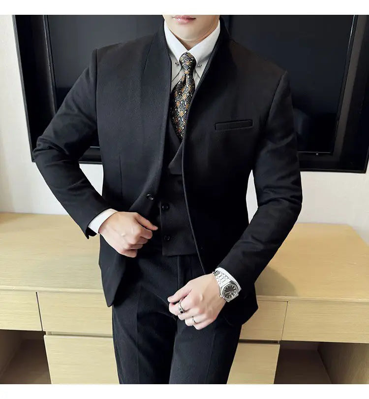 Men's 3-Piece Slim Fit Stand Collar Suit – Wedding, Prom & Office Formal Set
