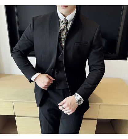 Men's 3-Piece Slim Fit Stand Collar Suit – Wedding, Prom & Office Formal Set