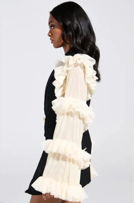 Spring Autumn New Women Blazer Double Breasted Ruffled Long Sleeve Patchwork Slim Fit Elegant Fashion Trendy Jacket HK13405