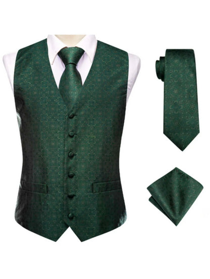 Men's Satin Jacquard Vest 3-Piece Set for Wedding & Banquet – Green
