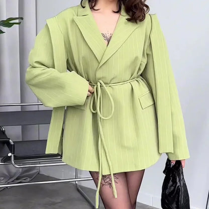 Spring Autumn New Women Blazer Turn-down Collar Long Sleeve Lace-up Waist Cinching Elegant Fashion Office Lady Coat HK16723