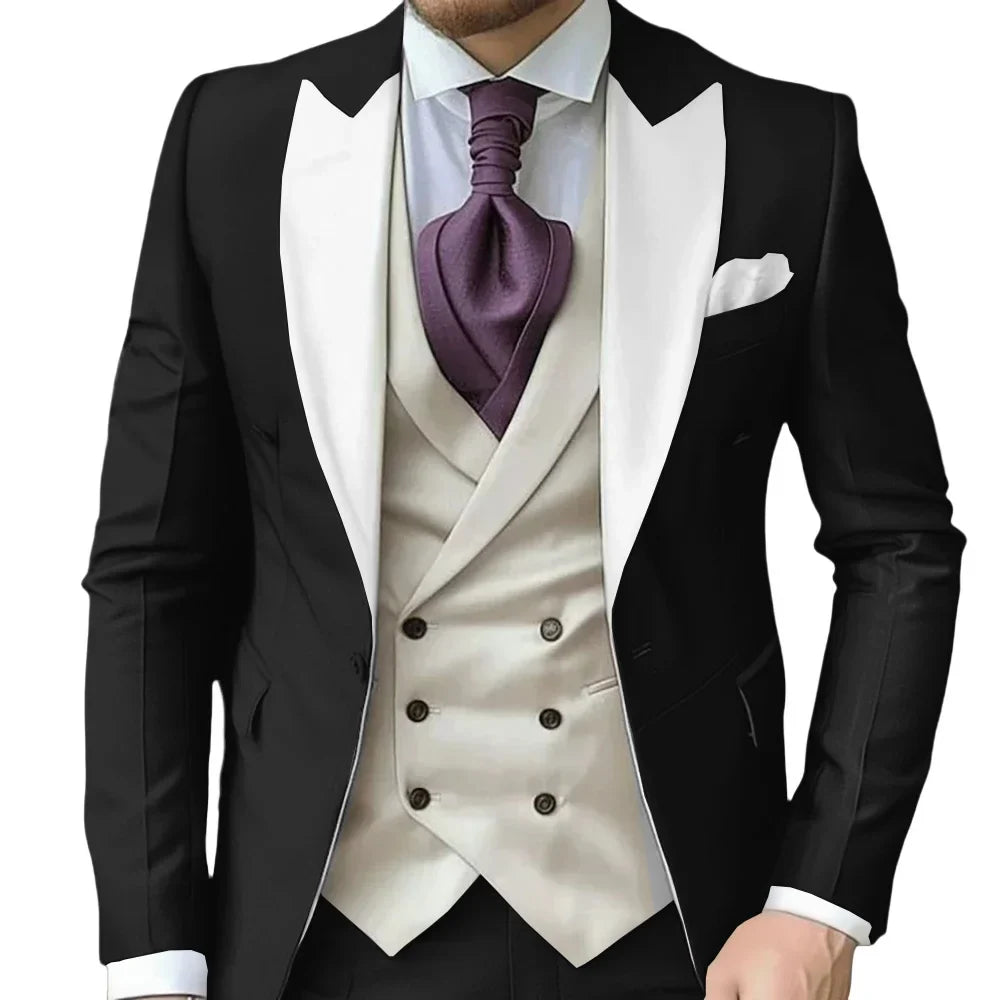 Fashionable Contrast Color Men's Suits 3 Pieces Jacket Vest Pants Dancing Sets Handsome Peak  Lapel Suit Set For Men Party Wear