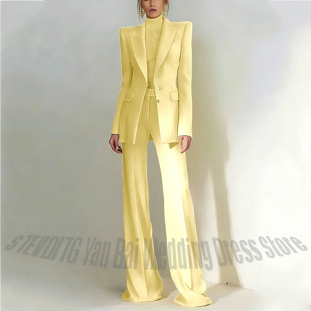 Women Pant Suit 2 Piece Set Office Female Business Work Formal Jacket Trouser One Button Chic Yellow Peaked Lapel Elegant Suit