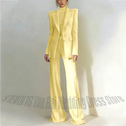 Women Pant Suit 2 Piece Set Office Female Business Work Formal Jacket Trouser One Button Chic Yellow Peaked Lapel Elegant Suit