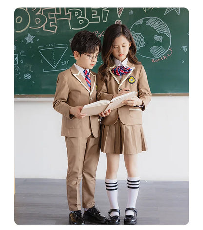 Boys School Uniform Girls Jacket Khaki Skirt Shirt Tie Suits Kids Formal Dress Tuxedo Toddler Clothes Sets Child Student Outfits