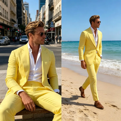 Men's Suit Yellow 2 Piece Set Peak Lapel Slim Fit Single Breasted Casual Comfortable Suit Formal Groom Best Man Dress for Party