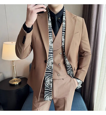 Double Collar Suit Set 3 Pieces Business Formal Casual Suits Vest Trousers Office Work Party Prom Wedding Groomsmen Clothing