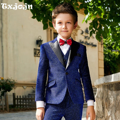 Glitter Luxury Kids Suit Set 3 Pieces Host Costumes,Classic Peak Lapel Boys Regular Fit Tuxedo Wedding Ring Bearer Outfit