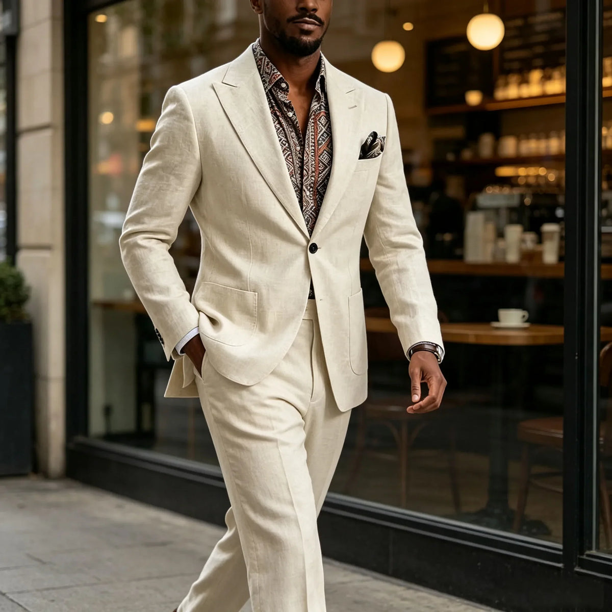 Men's Linen Blend Suit 2 Pieces Set Solid Color Peak Lapel Slim Fit One Button Jacket Pants Formal Outfit Wedding Business Casua