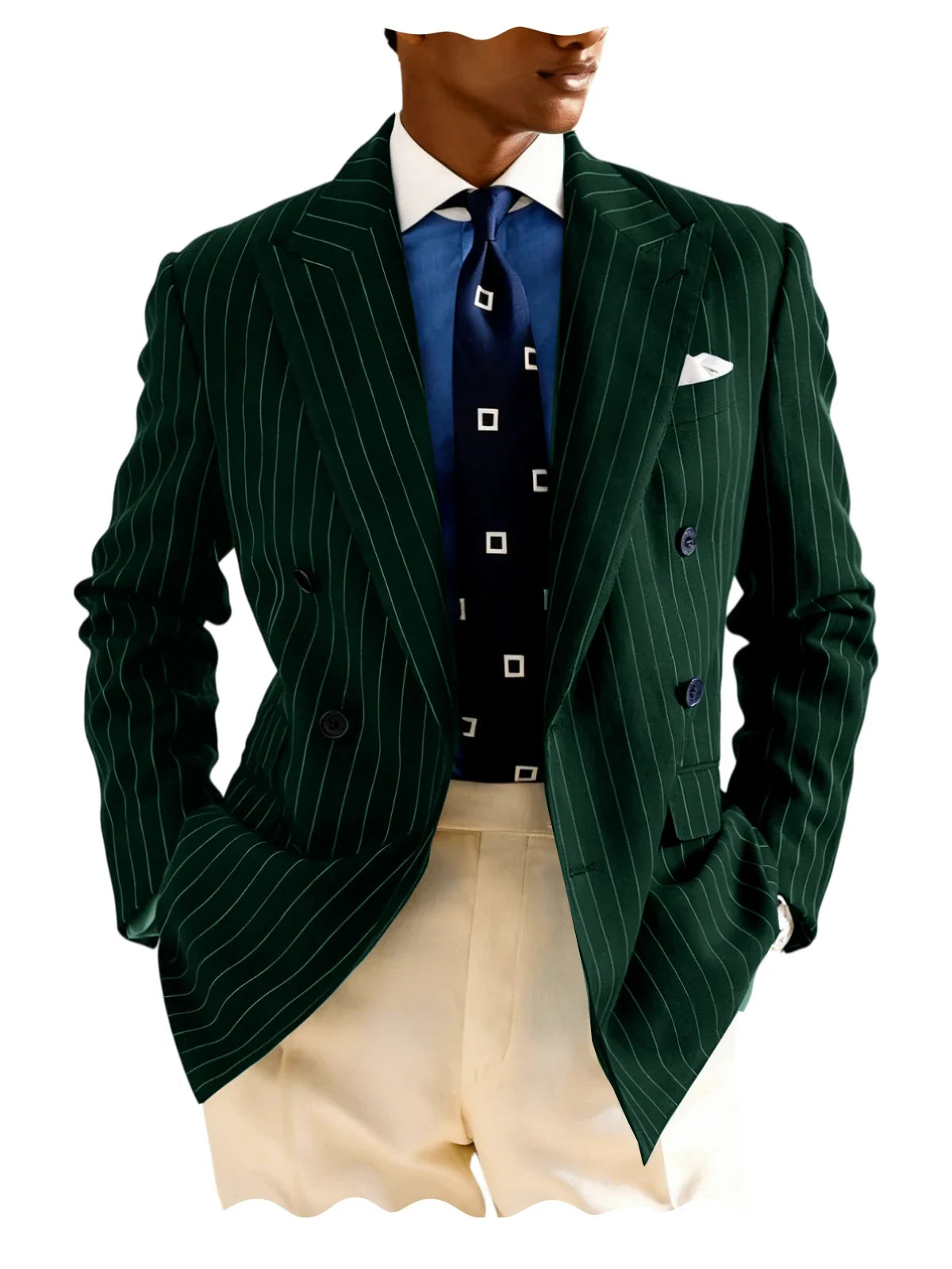 Men's Pinstripe Double Breasted Blazer Classic Peak Lapel Slim Fit Striped Suit Jacket For Party Prom Business Formal Coats