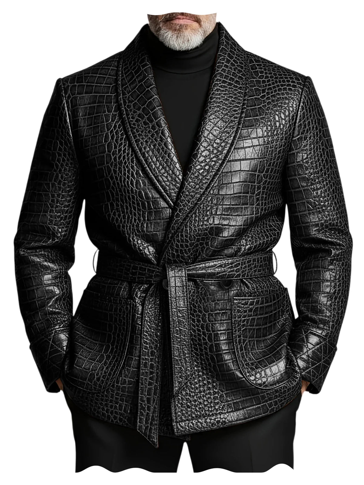  Men's Crocodile Pattern Leather Blazer Double Breasted Belted Shawl Collar Jacket Business Formal Party Wedding Casual Wear