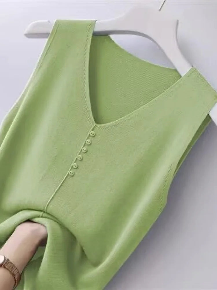 Summer Women's Tank Top Silk V-neck Wide Shoulder Strap Color Knitted Shirt Sleeveless Top Student Ice Silk Vest