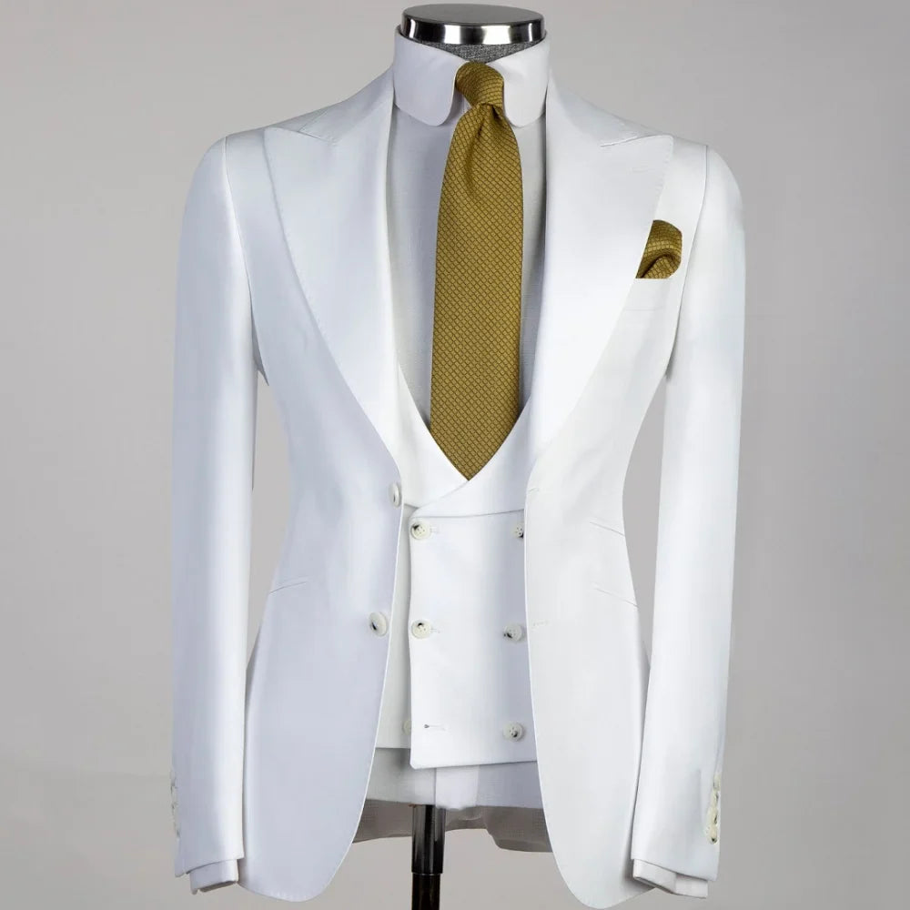Solid White Men Suits 3 Pieces Tuxedo Jacket with Lapel And Pocket for Birthday Wedding Office Work Jacket Vest Pant