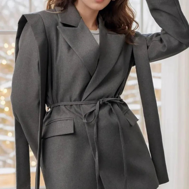 Spring Autumn New Women Blazer Turn-down Collar Long Sleeve Lace-up Waist Cinching Elegant Fashion Office Lady Coat HK16723