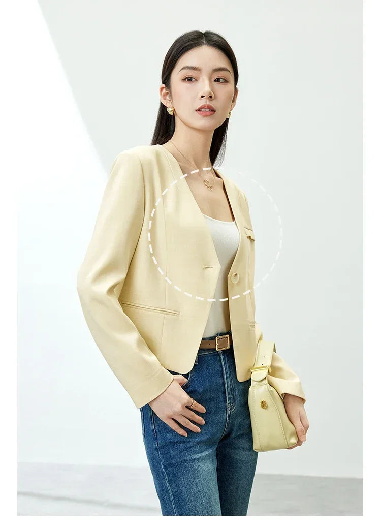Women Cropped Blazer 2026 Autumn Loose One Button V Neck Jacket Ladies Straight Elegant Commuter Short Coat 141X53363