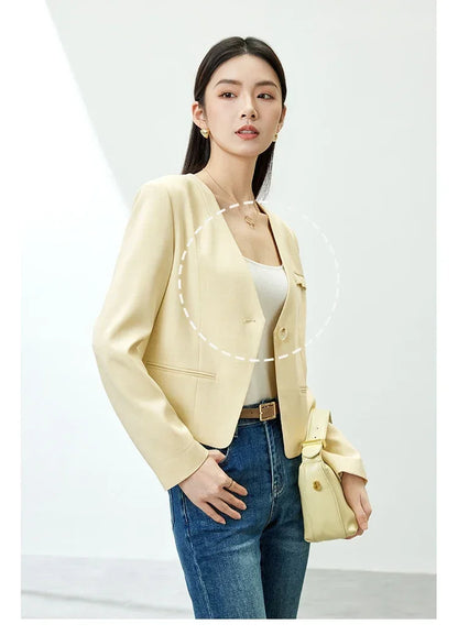 Women Cropped Blazer 2026 Autumn Loose One Button V Neck Jacket Ladies Straight Elegant Commuter Short Coat 141X53363