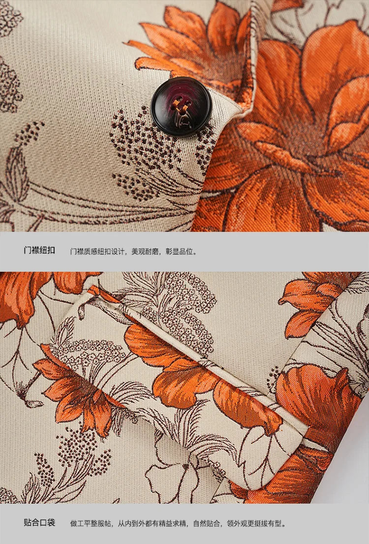 Men Suit 2 Pieces Orange Flower Pattern One Button Business Casual For  Wedding Birthday Party Set Jacket And Pants