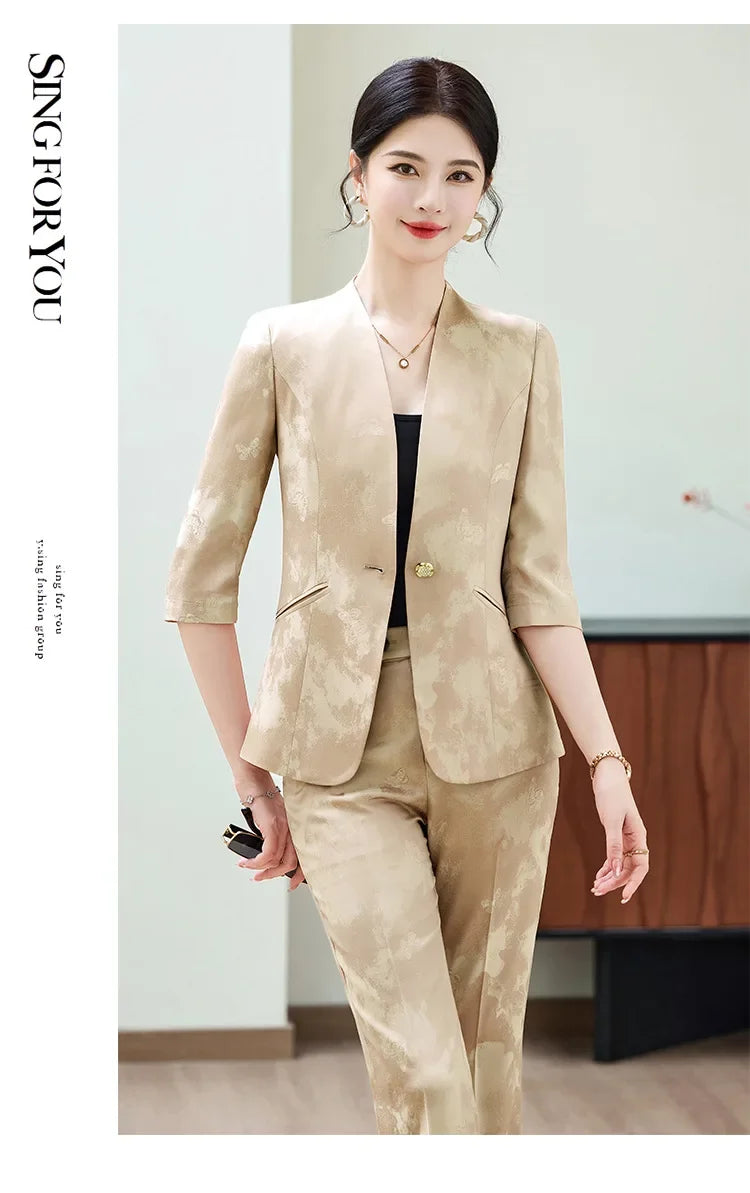 Fashion Office Ladies Blazer and Pants Suit Formal V Neck Half Sleeve Women Jacket Trouser Women Business Work Wear 2 Piece Set