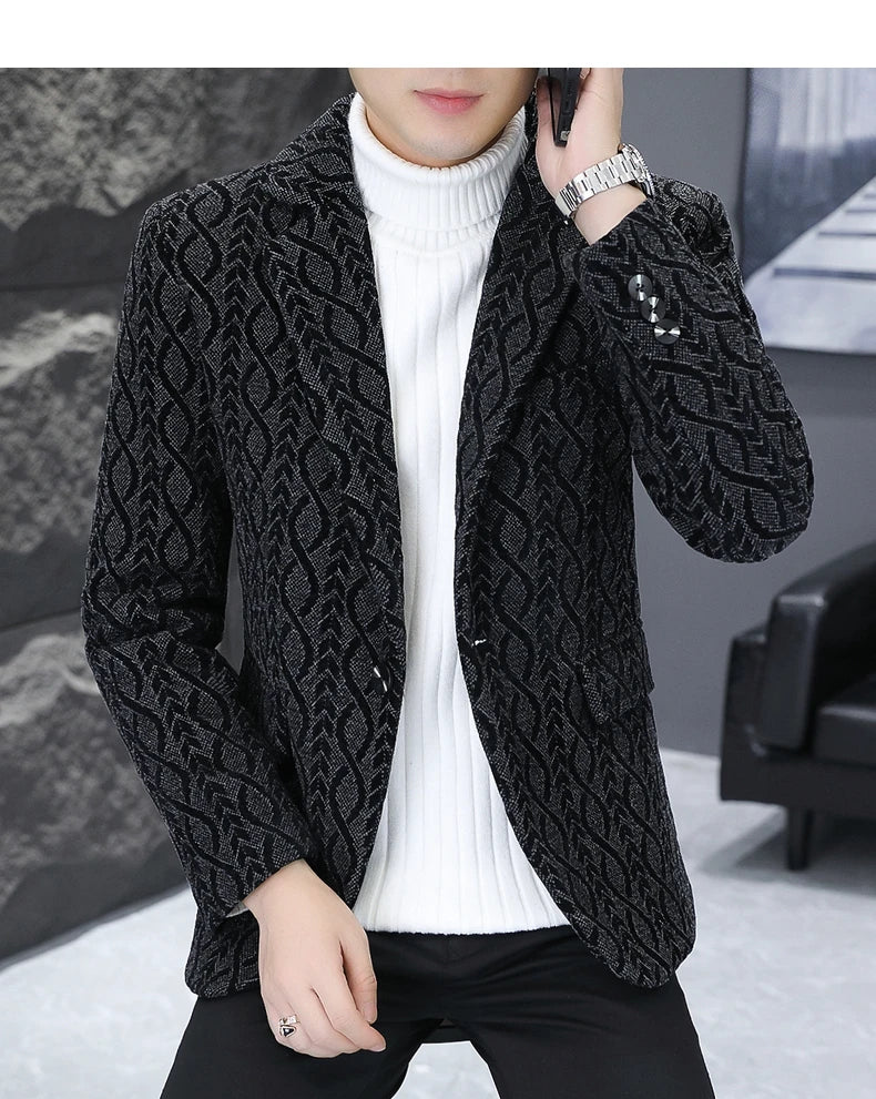 Blazer Autumn/Winter Golden Sable Velvet and Cotton Thickened Thermal Small Suit Fashion Business Men's Slim Blazer