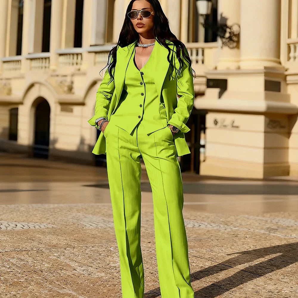 Light Blue 3 Piece Suit Set New Women's Jackets Single Breasted Peaked Lapel Blazer+Vest+Pants Formal Office Commute Outfit