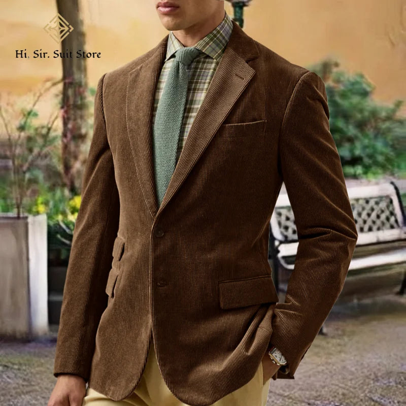 Spring/Autumn New Corduroy Suit Retro Casual Notched Lapel Jacket Single-Breasted Men's Solid Colour Suit Western Sport Coats