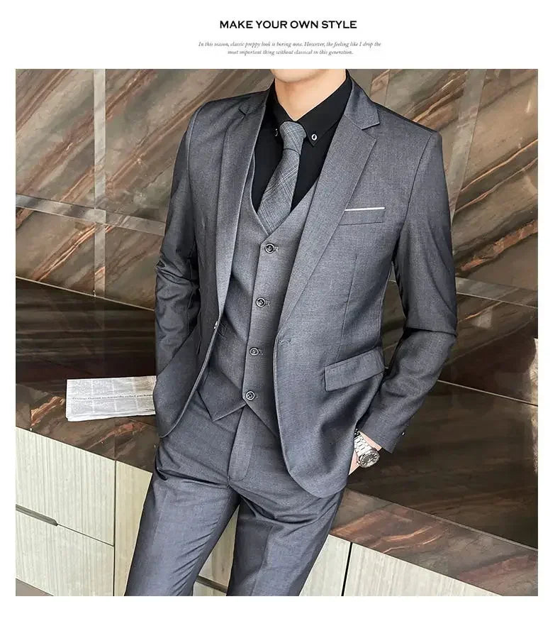 Suit (Blazer + Vest + Pants) Men's Smart Casual Business Formal Korean Style Banquet Suit