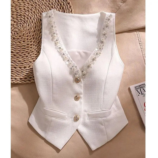 White Suspender Vest For Women Summer New Short Slim Thin Versatile Vest Elegant Beading Cardigan Sleeveless Blazer Waistcoat