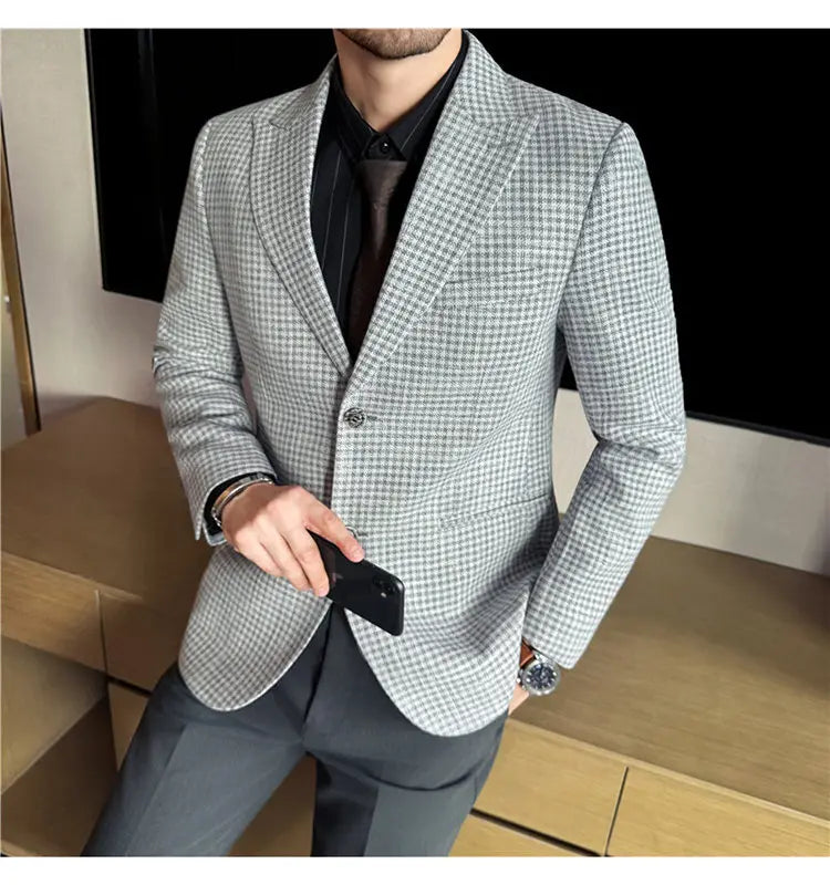 Men's Smart Casual Blazer – Vintage Coin Check Pattern – Brown & White Grey – Shopping & Office Wear