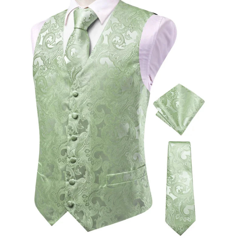 Men's Double Breasted Paisley Jacquard Waistcoat Set with Necktie & Pocket Square for Weddings and Tuxedo