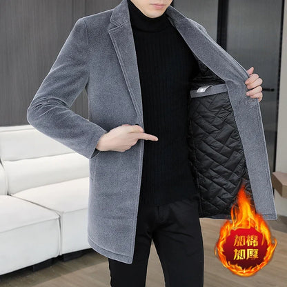 High-quality winter new style mid-length solid color men's fashionable and cool golden mink woolen trench coat with cotton