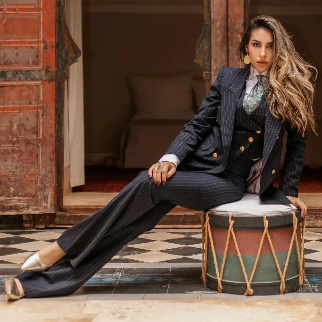 Navy Blue Striped Women Suit 3 Pieces Blazer Vest Pant Double Button For Wedding Party Business Work Daily Commute Shopping