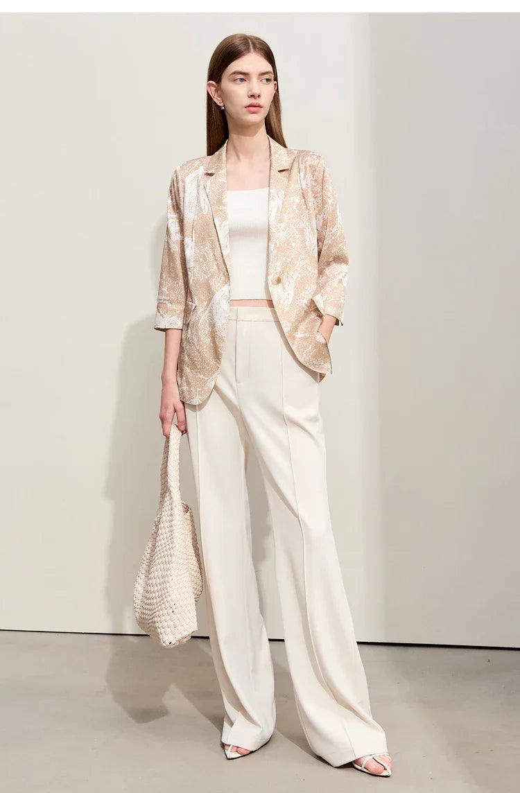 Minimalism Silk Blazers 2026 Summer Notched Printed Basic Fashion Jacket Three Quarter Women Office Lady Blouse 12452146