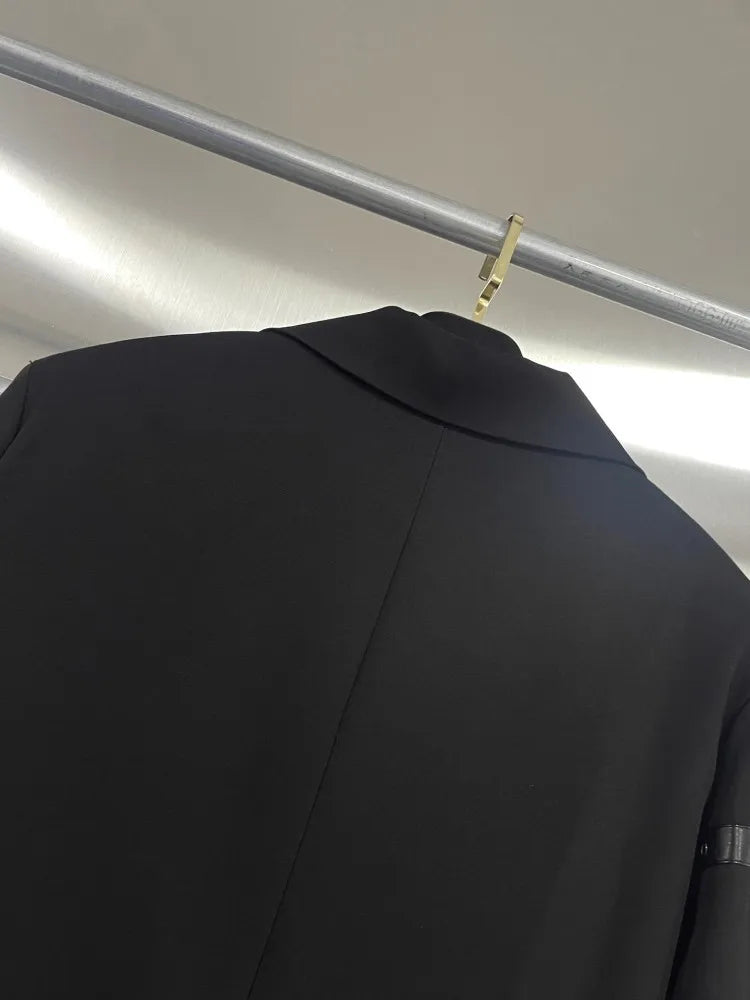 Fashion Chain Pin Design Women Blazers Black Suit Jacket Loose Fit Classic Shoulder Padded Coat Lapel Autumn Banquet Outerwear