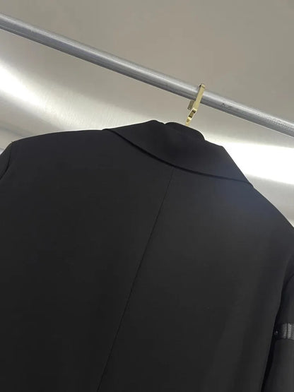 Fashion Chain Pin Design Women Blazers Black Suit Jacket Loose Fit Classic Shoulder Padded Coat Lapel Autumn Banquet Outerwear