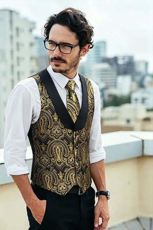 Men's Formal Vest Single Breasted Jacquard Shawl Collar Waistcoat Dark Gold Floral Wedding