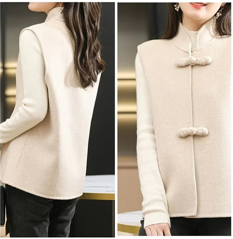 Woolen Vest Women's Standing Neck Button Chinese Style Loose Versatile Thin Wool Vest Outerwear Coat Sleeveless Jacket For Women