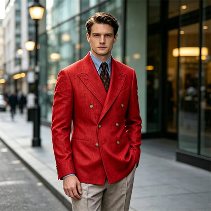 Men Linen Blazer Double Breasted Jacket Lightweight Soft Slim Coat For Business Wedding Casual Daily Party Vacation Dating