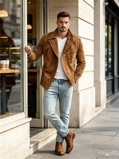 Men Faux Suede Jacket Double Breasted Lapel Collar Casual Blazer Vintage Comfort Business Office Autumn Winter Fashion Male Coat