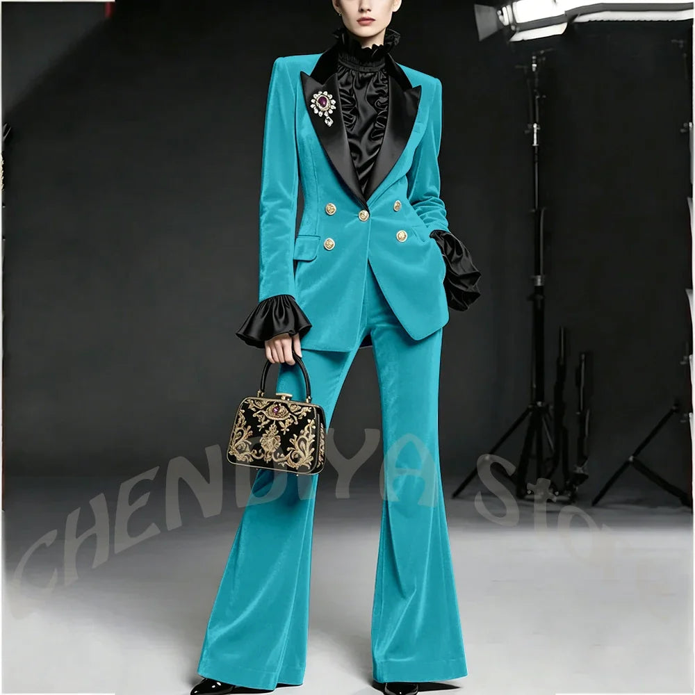 Wine Red Women Suit Stylish Velvet Elegant Outfit Peaked Lapel Blazer Pants Evening Party Prom Female Clothing Two Pieces