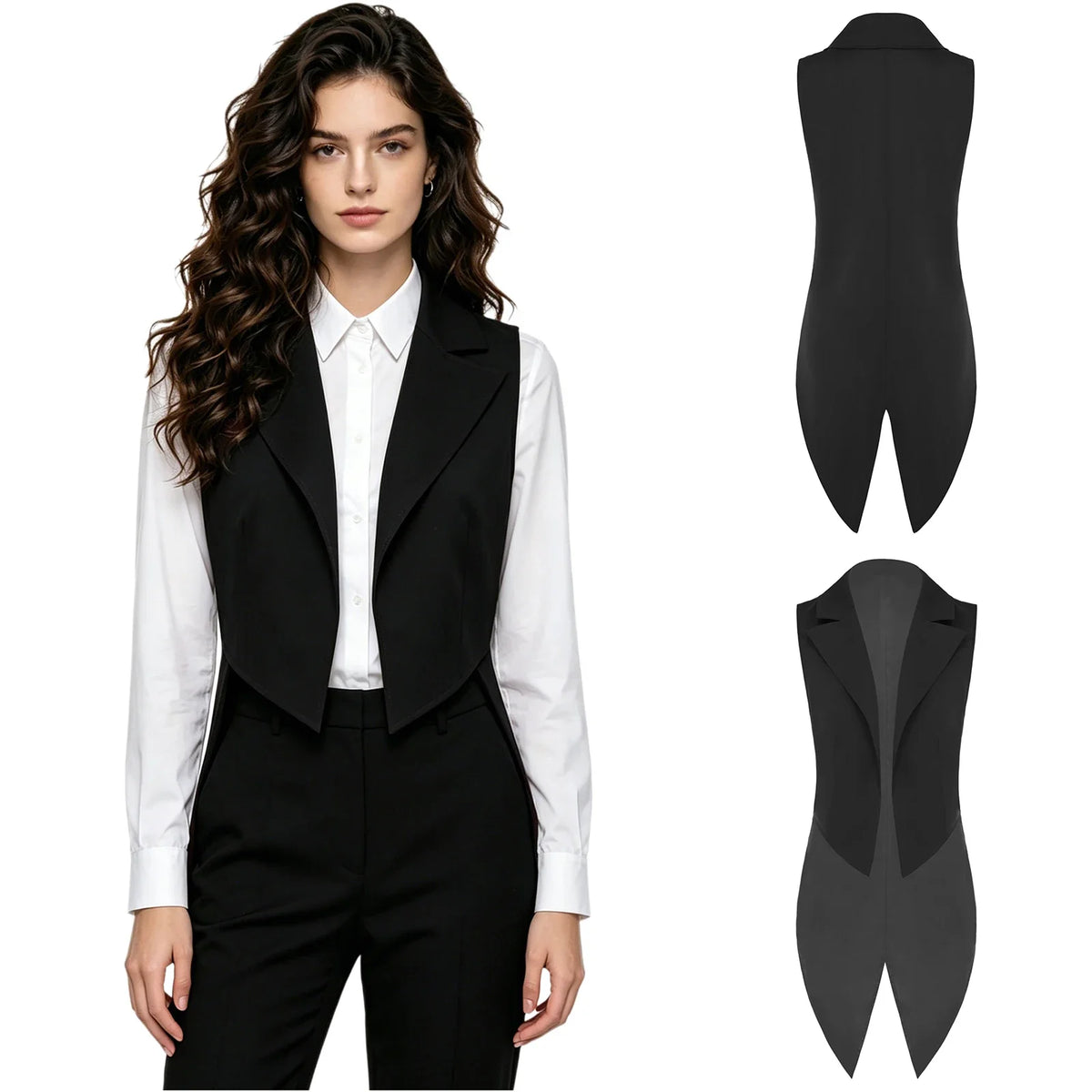 Women Vintage Tailcoat Tuxedo Waistcoat Open Front Sleeveless Jacket Lapel Satin Lining Formal Vest Nightclub Waitress Costume
