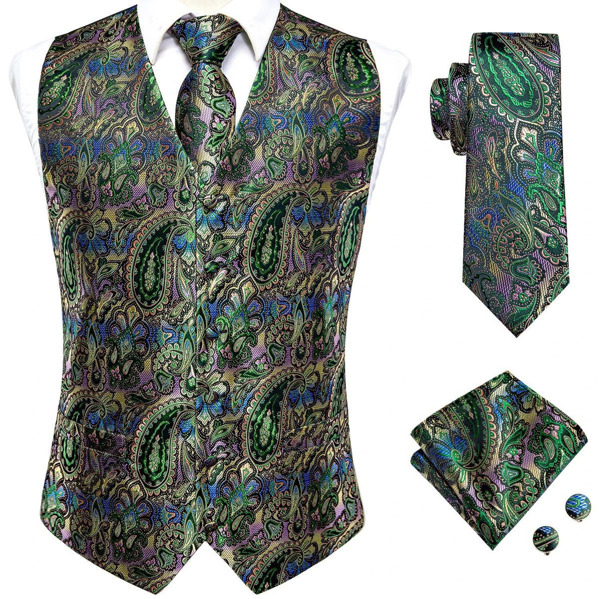 Men's Suit Vest 4-Piece Set | Woven Paisley Waistcoat with Tie, Pocket Square & Cufflinks | Wedding & Business Formal