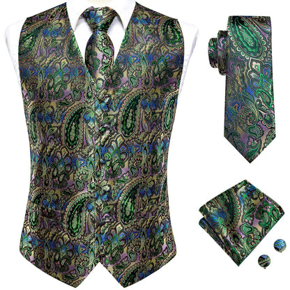 Men's Suit Vest 4-Piece Set | Woven Paisley Waistcoat with Tie, Pocket Square & Cufflinks | Wedding & Business Formal