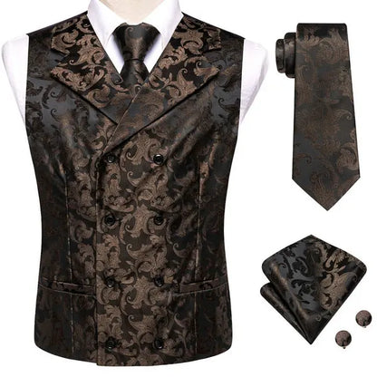 Men's Double Breasted Vest Set – Floral Jacquard Waistcoat with Tie, Pocket Square & Cufflinks for Weddings & Formal Events