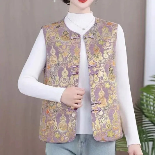 Middle Aged Mother O-Neck Vest Chinese Style Printed Sleeveless Jacket 5XL Large Size Ethnic Style Women Fashion Loose Waistcoat