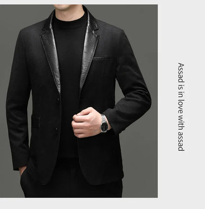 Men's Blazer Suede Cowhide Patchwork Single Breasted Smart Casual Autumn Winter